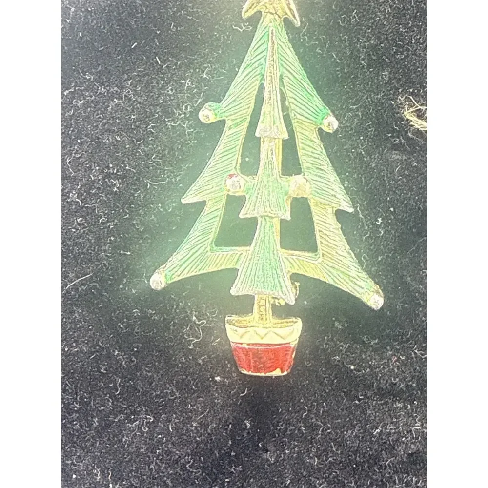 Vintage Signed BJ Beatrix Christmas Tree Brooch Pin Green Enamel Gold Tone 1960s